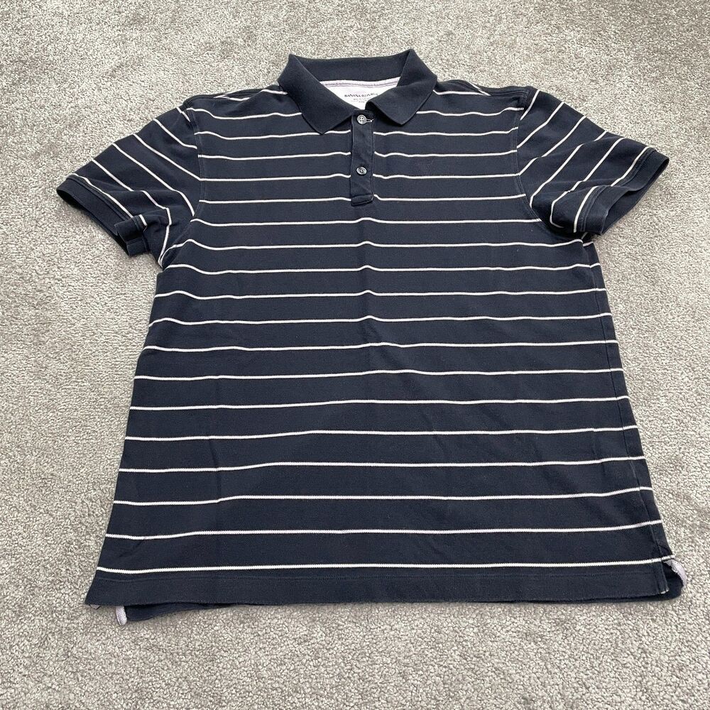 Banana Republic Fitted Polo Shirt Mens Large Navy Blue Striped Cotton Casual Top